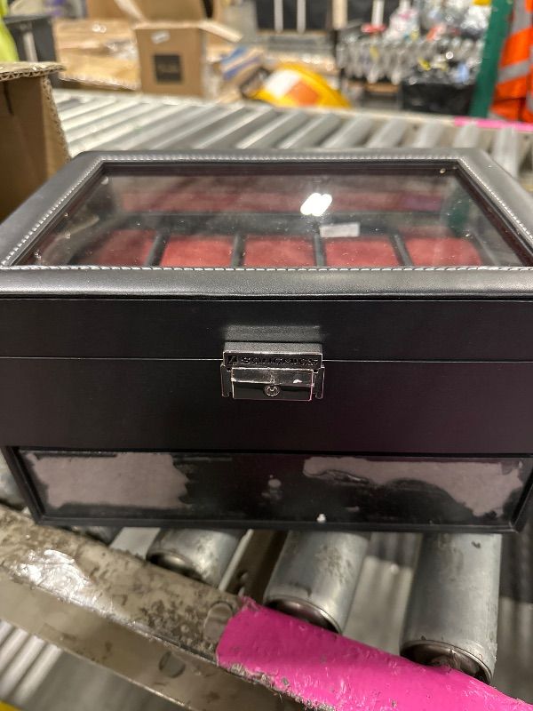 Photo 1 of **DAMAGE IS TO THE BOTTOM DRAWER** SONGMICS Watch Box, 20-Slot Watch Case Organizer with Large Glass Lid, Removable Pillows, Metal Lock, Gift for Loved Ones, Black Synthetic Leather, Wine Red Lining UJWB020R01