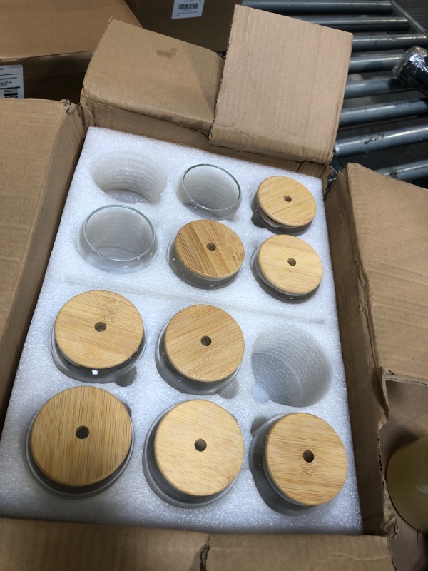 Photo 1 of **MISSING PARTS**12Pcs Glass Cups with Lids and Straws - 16oz Can Shaped Drinking Glasses Set, Iced Coffee Cup, Beer Glasses Tumbler for Juice, Soda, Smoothie, Boba Tea, Whiskey, Cocktail Include 2 Cleaning Brushes