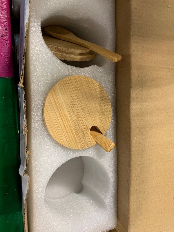 Photo 1 of **ONLY 1 COMPLETE SET** HONGCHU Condiment Containers with lids 2pack Seasoning Box Condiment Pots Jars with Spoons Container for Spice Salt Sugar Cruet (bamboo 1set)