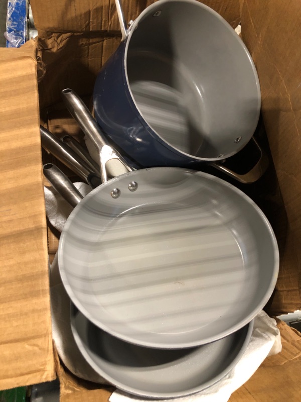 Photo 1 of ****They are very worn. Some are stained on the outside.*************Sur La Table Kitchen Essentials Cool Commune Hard Anodized 10 Piece PFA Free Ceramic Non stick Interior Forged Durable Aluminum Pots and Pans Cookware Set - Blue - Induction Compatible