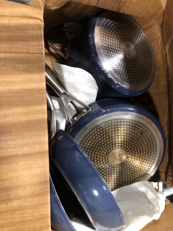 Photo 1 of ****They are very worn. Some are stained on the outside.*************Sur La Table Kitchen Essentials Cool Commune Hard Anodized 10 Piece PFA Free Ceramic Non stick Interior Forged Durable Aluminum Pots and Pans Cookware Set - Blue - Induction Compatible