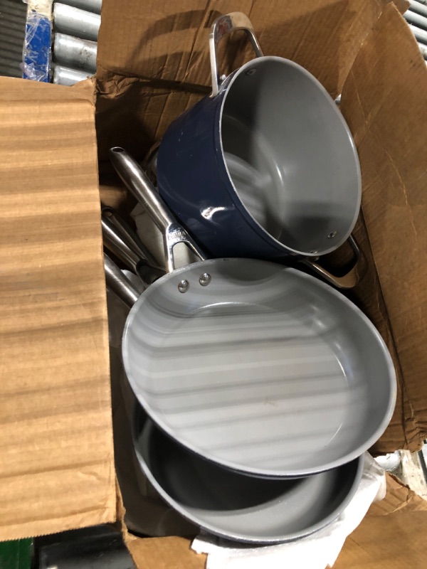 Photo 1 of ****They are very worn. Some are stained on the outside.*************Sur La Table Kitchen Essentials Cool Commune Hard Anodized 10 Piece PFA Free Ceramic Non stick Interior Forged Durable Aluminum Pots and Pans Cookware Set - Blue - Induction Compatible