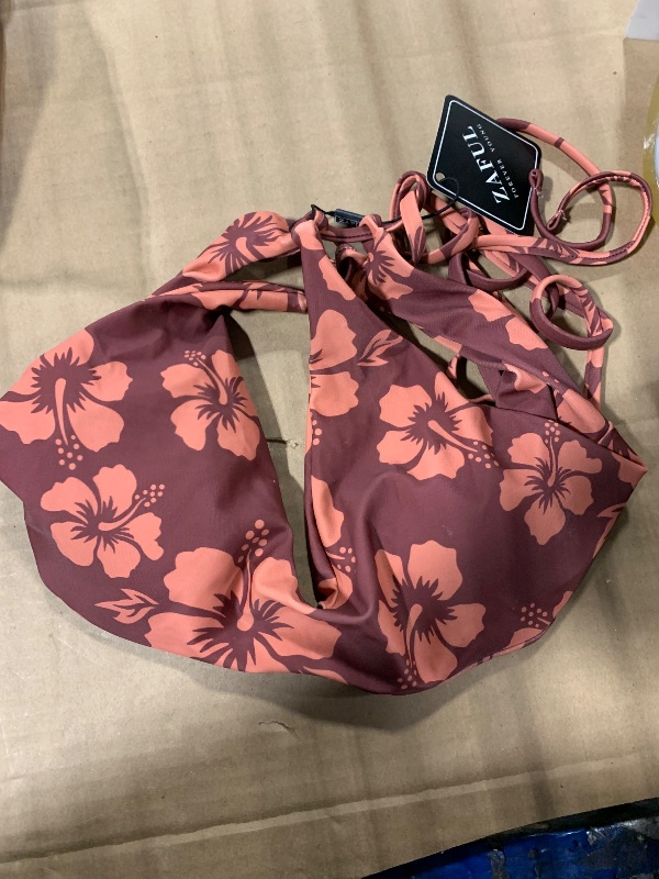Photo 1 of ** 1 PIECE-NO BIKINI ** ZAFUL Women's Tie Back Padded High Cut Bralette Bikini Set Two Piece Swimsuit (1-Floral Mocha, L)