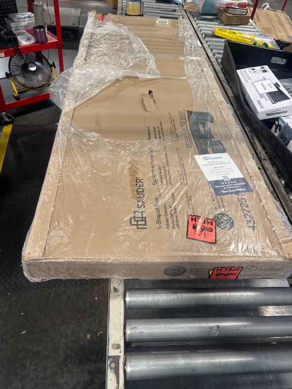 Photo 1 of Sauder Palladia L Shaped Desk with Drawers, Office Desk with File Cabinet Storage, Cable Management, Keyboard Tray, in Glacier Oak Finish