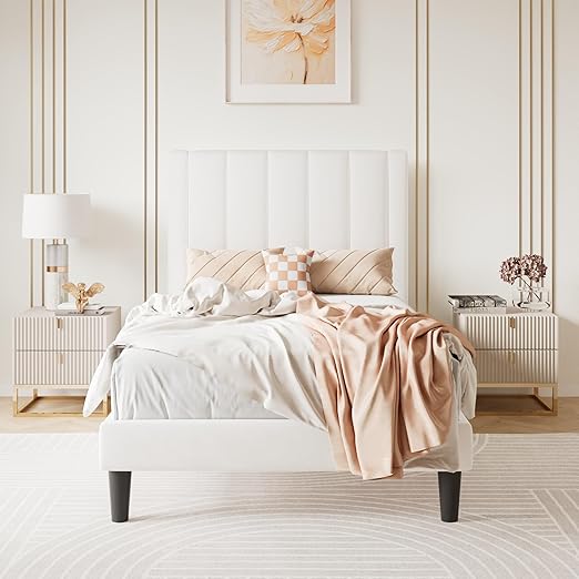 Photo 1 of ****MISSING HARDWARE****Queen Bed Frame/Velvet Upholstered Platform Bed Frame with Headboard/Strong Wood Slats Support/Mattress Foundation/No Box Spring Needed/Easy Assembly/White
**********SIMILAR****