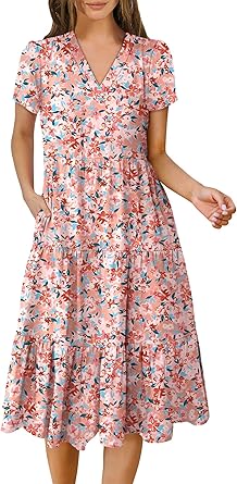 Photo 1 of *SIMILAR* ANRABESS Women's Summer Casual Short Sleeve V Neck Midi Dresses 2025 Spring Flowy A-line Tiered T Shirts Boho Beach Dress