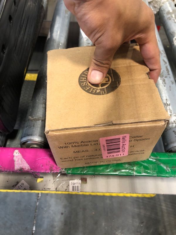 Photo 1 of [SMALL CHIP ON THE LID] HESHIBI Wooden Salt Cellar Box with Marble Lid & Spoon, Modern Black Stone Salt or Pepper Sugar Spice Seasoning Bowl Container Jar Holder Well Keeper Dish Pig Crock for Kitchen