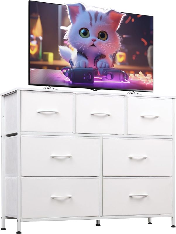 Photo 1 of *** VERY USED MISSING PARTS VERY DIRTY ** WLIVE 7 Drawer Dresser TV Stand, Dressers for Bedroom, Fabric Storage Tower, Hallway, Entryway, Closets, Sturdy Steel Frame, Wood Top, Easy Pull Handle, White