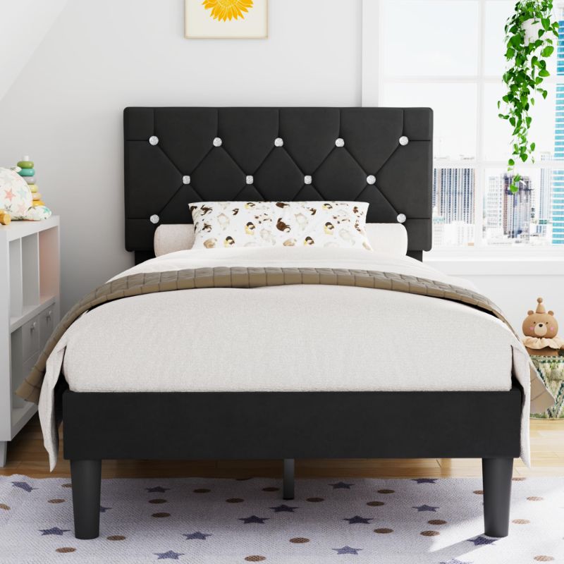 Photo 1 of ***MISSING HARDWARE**VECELO Twin Size Bed Frame, Upholstered Platform with Adjustable Diamond Tufted Headboard, Wood Slat Support, No Box Spring Needed, Velvet Black
