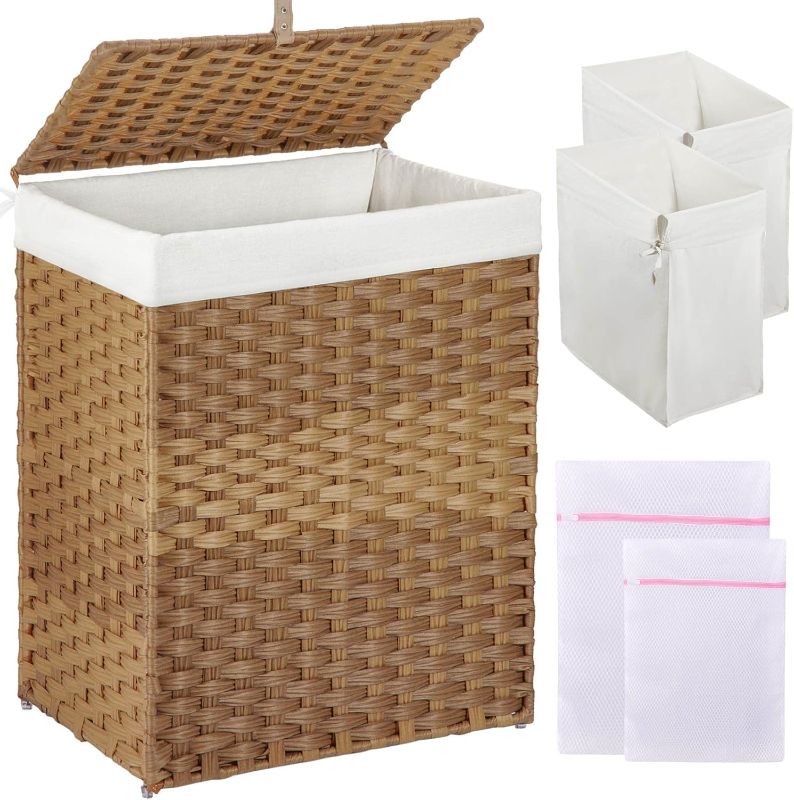 Photo 1 of ** similar image* GREENSTELL Laundry Hamper with Lid, 90L Clothes Hamper with 2 Removable Liner Bags & 2 Mesh Laundry Bags, Handwoven Synthetic Rattan Laundry Basket for Clothes, Toys in Bathroom, Bedroom Natural