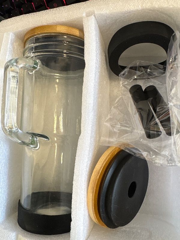 Photo 1 of **MISSING ONE TUMBLER**ALINK Glass Cups with Lids and Straws, 24 oz Mason Jar Drinking Glasses Tumbler with Handle, Silicone Boot, Tips, Brush, Reusable Boba Tea Smoothie Iced Coffee Cups - 2 Black