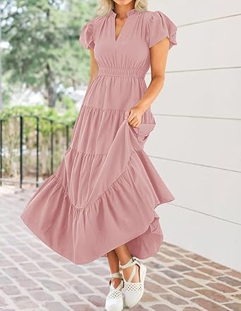 Photo 1 of ***similar***ZESICA Women's Summer Casual Maxi Dress 2025 Puff Short Sleeve V Neck Ruffle Tiered Flowy Boho Beach Dresses