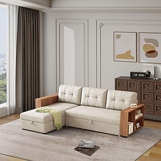 Photo 1 of ** PARTIAL SET **  
Ball & Cast 84" Convertible Sectional Couch with Pull Out Bed and Storage Chaise,L Shaped Sleeper Sofa W/Wood Cabinet Armrests&Removable Back Cushions,Living Room Furniture for Home,Office,Dark Beige.       
