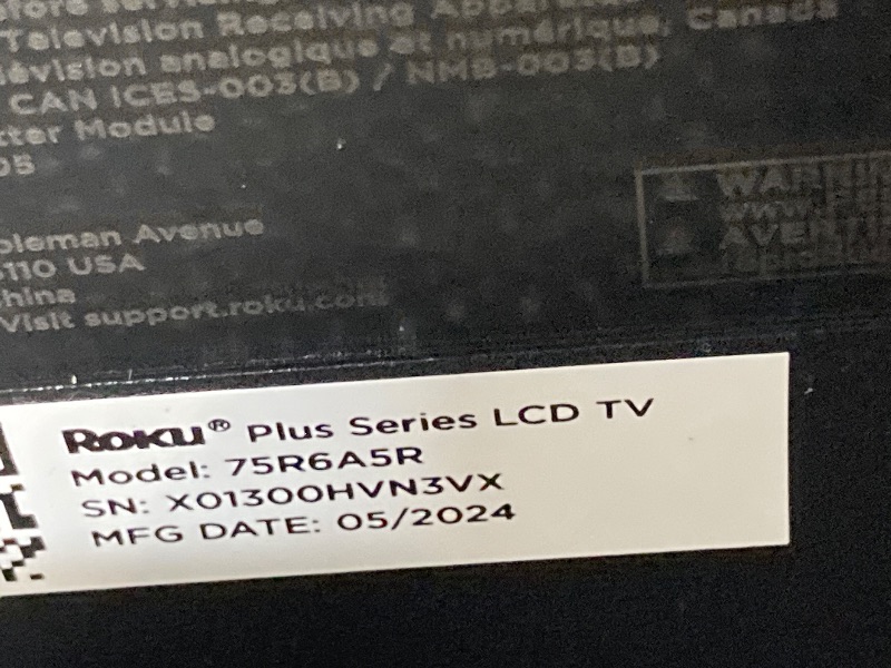 Photo 1 of ** USE FOR PARTS
Roku Smart TV – 75-Inch Plus Series 4K QLED RokuTV with Roku Voice Remote Pro, Dolby Vision, Striking 4K Resolution, Automatic Brightness, & Seamless Streaming – Live Local News & Sports