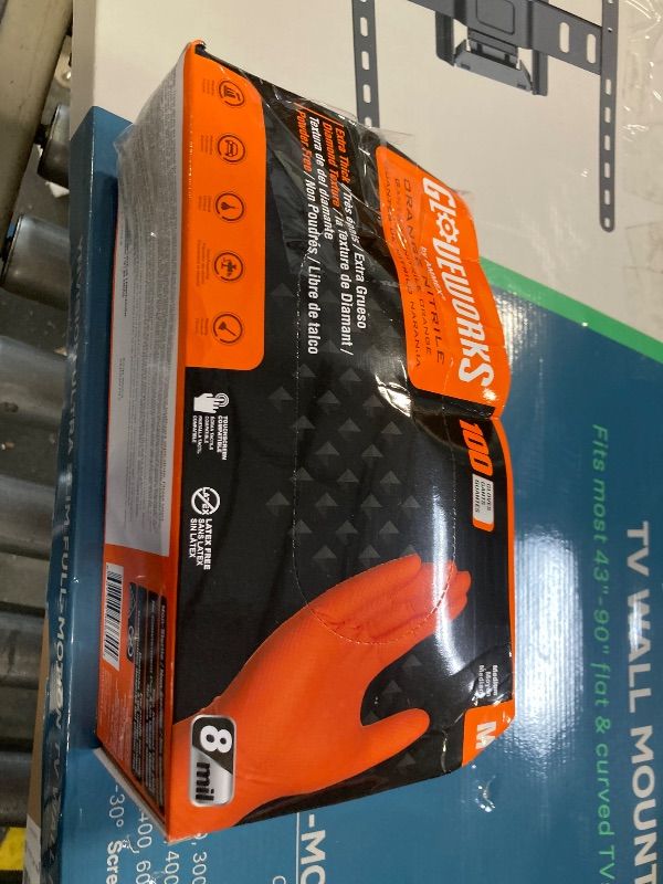Photo 1 of GLOVEWORKS HD Orange Nitrile Industrial Disposable Gloves, 8 Mil, Latex-Free, Raised Diamond Texture, Medium, Box of 100
