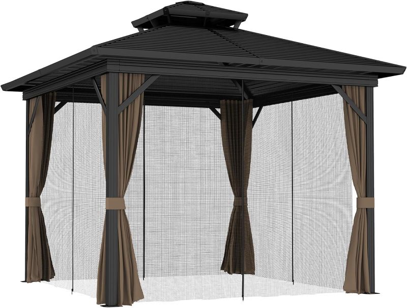 Photo 1 of 10' x 10' Hardtop Gazebo Canopy with Galvanized Steel Double Roof, Aluminum Frame, Permanent Pavilion Outdoor Gazebo with Netting and Curtains for Patio, Garden, Backyard Black ****STOCK PHOTO, ITEM/ COLOR MAY VARY****