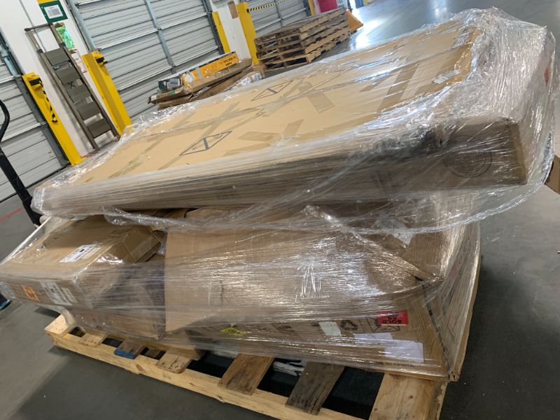 Photo 1 of **No Return**No Return**No Return**No Return**No Return**No Return**No Return**
1) WALKER EDISON PORTSMOUTH CLASSIC 2 GLASS DOOR TV STAND FOR TVS UP TO 80 INCHES, 70 INCH, GREY WASH**Missing parts**
2) BALL & CAST FULL SIZE UPHOLSTERY PLATFORM BED WITH PO