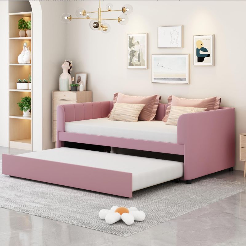 Photo 1 of **No Return**No Return**No Return**No Return**No Return**No Return**
1) FAVSH TWIN SIZE DAYBED W/TRUNDLE, VELVET UPHOLSTERED SOFA BED WITH AND CHANNEL TUFTED BACKREST & WOOD SLAT SUPPORT FOR BEDROOM LIVING ROOM GUEST ROOM, PINK**missing parts**
2) HIDSLIV