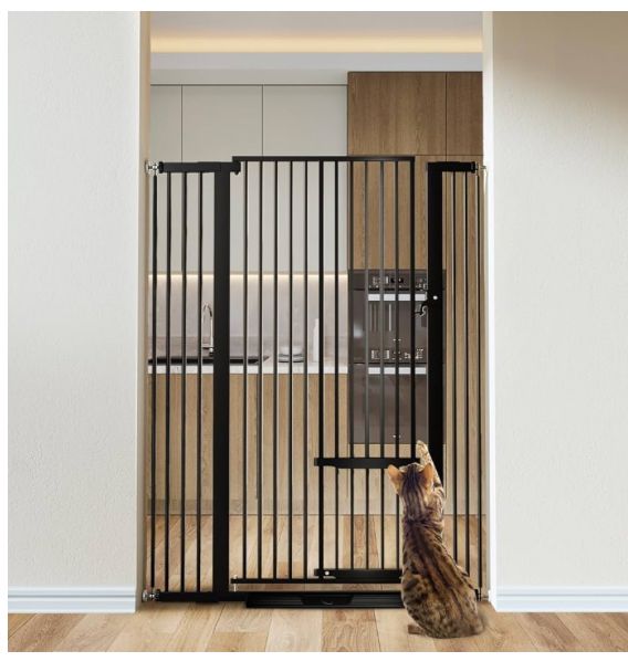 Photo 1 of **dented**COMOMY 55.1" Extra Tall Pet Gate for Cats, 29.5-40.6" Easy Wide Cat Gate with Adjustable Cat Door, Pressure Mounted Easy Walk Through Pet Gate with Door for Stairs, Doorways Kitchen, Black. 