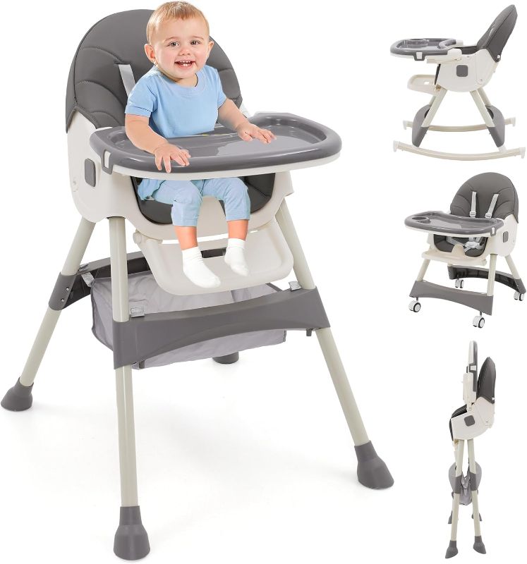 Photo 1 of 3 in 1 Baby High Chair, Table Seat with Removable Dinner Plate and Wheels, Adjustable and Foldable, Children's Backrest 3 Positions, for 6+ Months, Grey