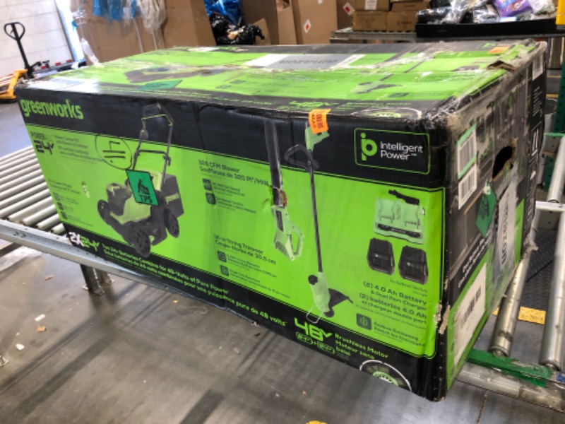Photo 1 of **MISSING BATTERIES**Greenworks 48V (2x24V) 17" Brushless Mower+12" String Trimmer +320CFM Blower,(2) 4.0Ah Batteries and 2A Dual Port Charger