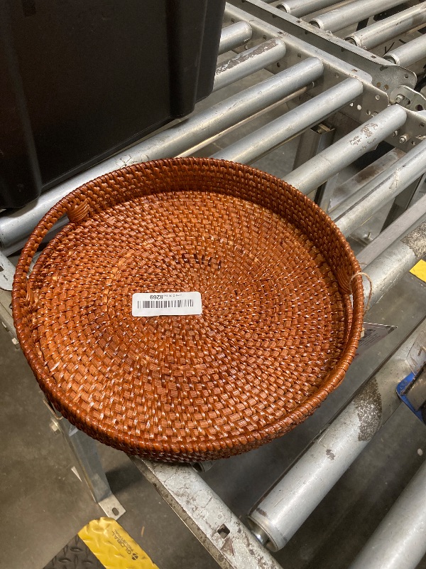 Photo 1 of 11.8 inch Round Rattan Tray, Decorative Coffee Table Tray, Ottoman Trays, Woven Serving Trays with Handles Wicker Serving Basket, Reddish-Brown