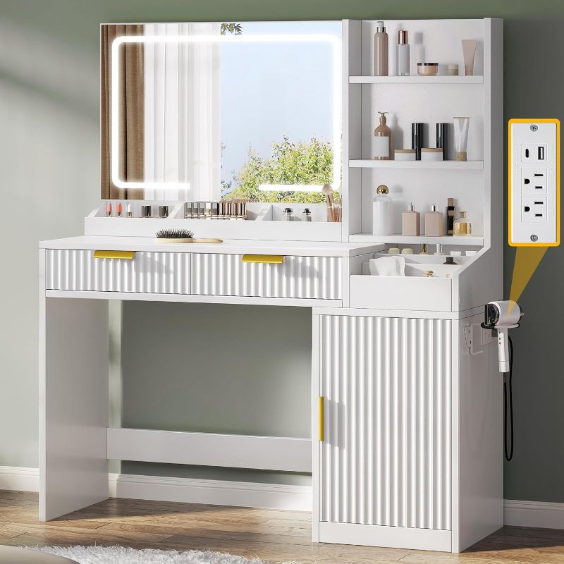 Photo 1 of (PRICE 161.99)  DWVO Fluted Makeup Vanity Desk with Large 27" Mirror and Lights, Modern Big Makeup Table with Power Outlet, 11 Shelves & 2 Drawers, 3 Color Lighting Modes, Dressing Table Vanity Set for Bedroom, White
