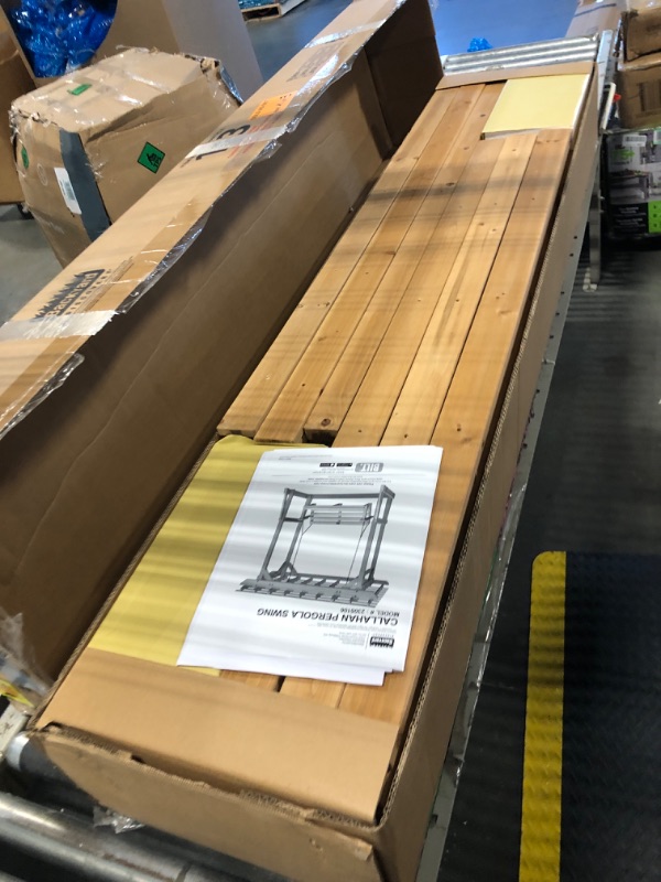 Photo 1 of ***Only Box 1 0f 3*** Backyard Discovery Callahan 8' x 5' Cedar Wood Outdoor Patio Pergola Swing Bench with Trellis, Two-Person Seating, Chains, Water Resistance, 600 Lb Weight Capacity for Porch, Patio, Deck, Garden