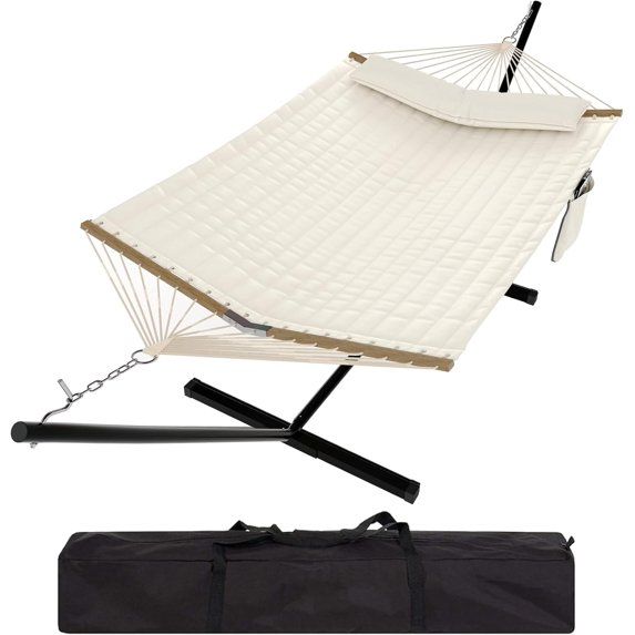 Photo 1 of 2-Person Hammock Suite with Collapsible Steel Frame - Backyard Oasis & Camping Essential (450lb Support, UV-Resistant Storage Bag), White (Flat)