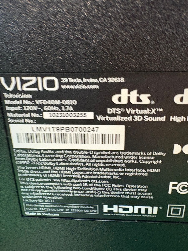 Photo 1 of **FOR PARTS ONLY**
VIZIO 40-inch Full HD 1080p Smart TV with DTS Virtual: X, Alexa Compatibility, Google Cast Built-in, Bluetooth Headphone Capable, (VFD40M-08 New)