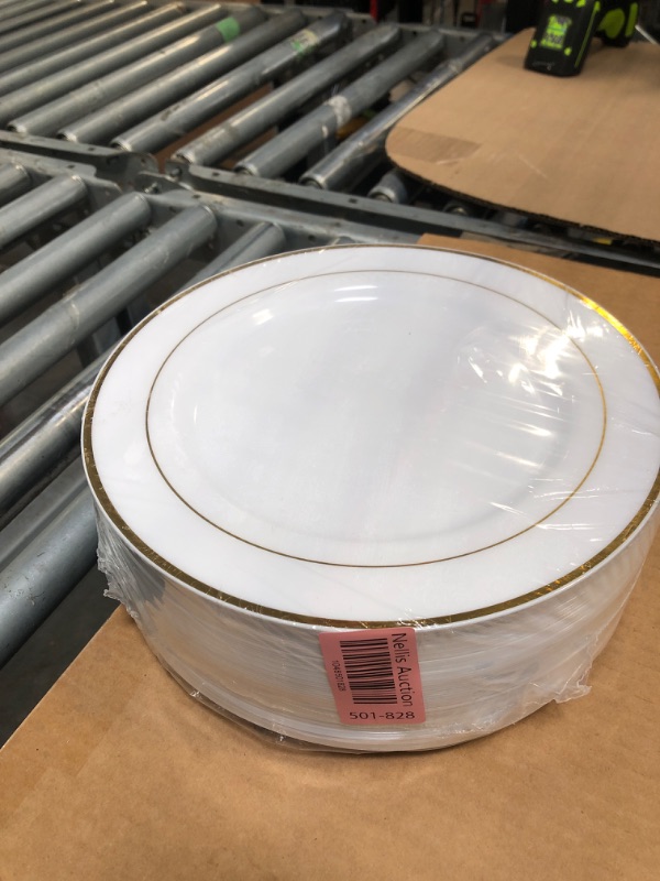 Photo 1 of [only large plates] FOCUSLINE Gold Plastic Plates Set of 60, Disposable Plates with Gold Rim 30 Dinner Plates 10" and 30 Salad Dessert Appetizer Plate 7", Elegant Fancy Heavy Duty Wedding Party Plates