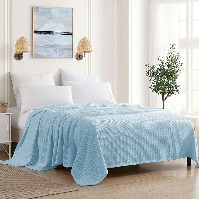 Photo 1 of 100% Fine Cotton Blanket Luxurious Weave Stylish Design Soft and Comfortable All Season Warmth, King, Waffle Weave Pearl Blue (Pack of 6)