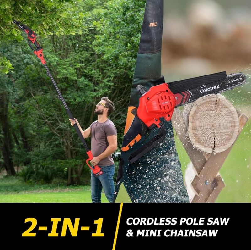 Photo 1 of 2-IN-1 Cordless Pole Saw and Mini Chainsaw, 8 Inch Electric Pole Saws for Tree Trimming, Auto Oiling, 15ft Max Extension Pole Chainsaw with 21V 4.0Ah Battery for Wood Branch Cutting
