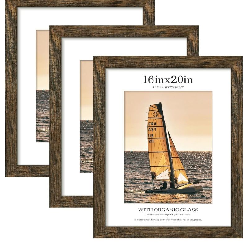 Photo 1 of 16x20 Picture Frame 3 Pack, Brown Poster Frame, Display Poster 11 x 14 with Mat or 16 x 20 without Mat for Horizontal or Vertical Wall Mounting