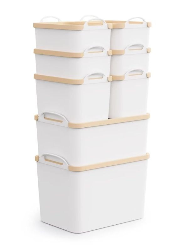 Photo 1 of 8 Packs Plastic Storage Bins with Lids Storage Organizing Containers Decorative Storage Boxes with Lids for Shelves Closet Desktop Playroom Classroom Office Drawers,White