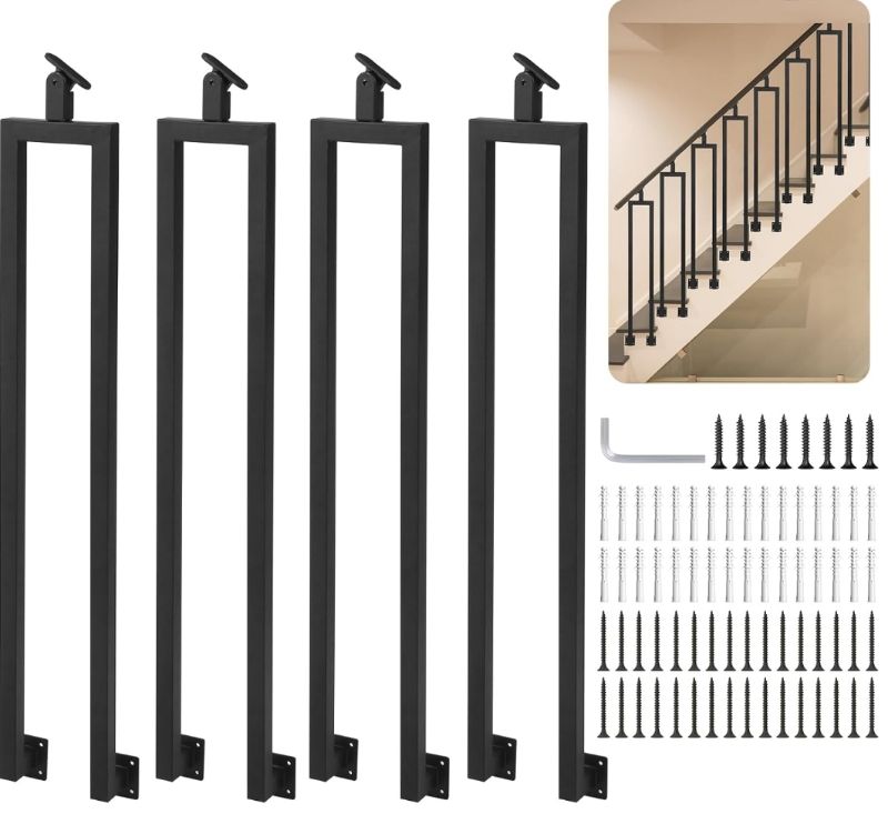 Photo 1 of 4 Pack U Shape 38.6" Stair Balusters with Adjustable Top Bracket for Staircase Interior, Side Mount Industrial Wrought Iron Balusters for Stair Handrail Porch Deck Railing Outdoor Steps