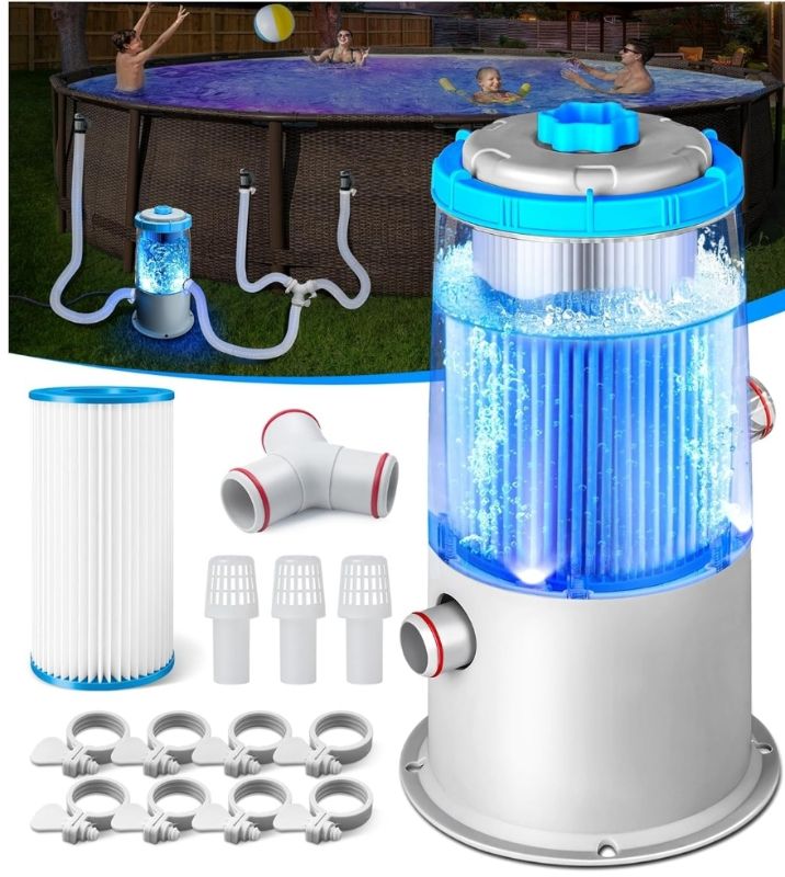 Photo 1 of 
1000 GPH Light-Up Pool Filter Pump for Above Ground Pools | Built-in Blue LED Light, Transparent Housing for Real-Time Water Circulation & Filtration Monitor, Pool Cartridge Filter Pump System