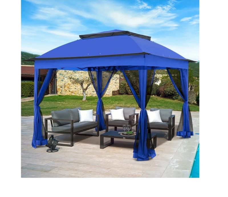 Photo 1 of 11x11 Outdoor Pop up Gazebo Tent with Mesh Walls for Patio, Lawn, Backyard and Deck, Blue and white striped