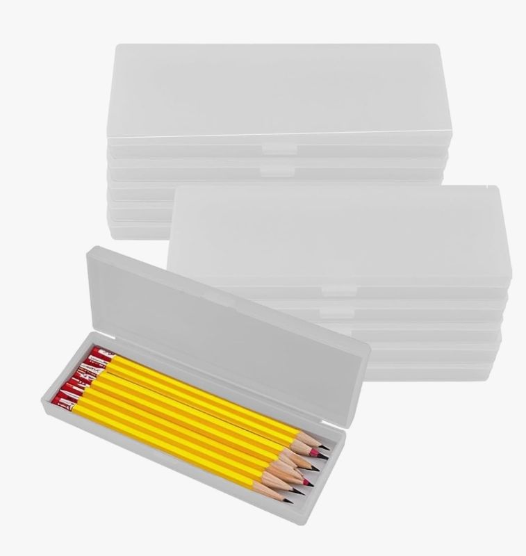 Photo 1 of 10 Pack Plastic Pencil Box, Clear Pencil Stationery Case with Hinged Lid and Snap Closure, Office Art Supplies Storage Organizer Box
