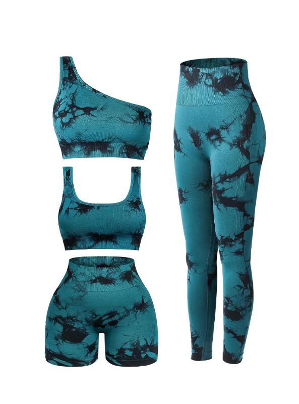 Photo 1 of 4 Pcs Women's Workout Sets Pilates Exercise Outfit Ribbed Scoop Neck Sports Bra Shorts Leggings Gym Clothes Set
