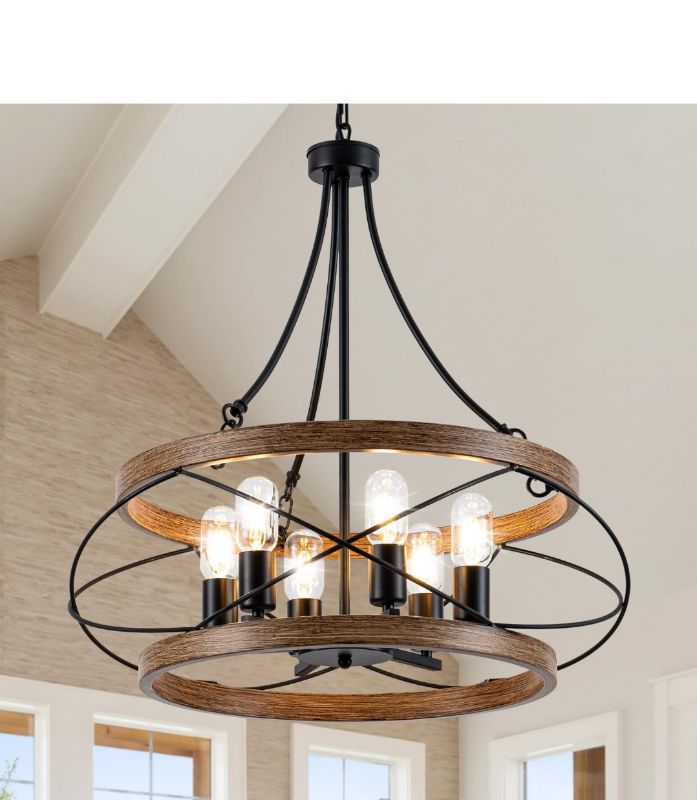 Photo 1 of 6-Light Farmhouse Chandelier, 23.62" Rustic Drum Dining Room Light Fixture, Vintage Wood Finish Metal Hanging Pendant Lighting, Industrial Candle Chandeliers for Living Room Kitchen Entryway Bedroom