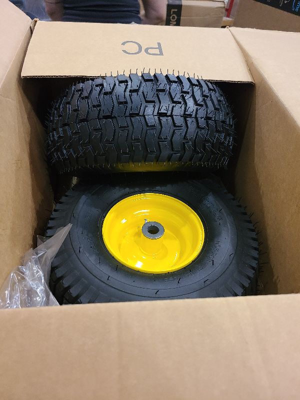 Photo 1 of 15x6.00-6nhs Lawn Mower Tires, 2 Pack 4 Ply 15x6-6 Tubeless Front Tire with Wheel Assembly for John Deere Riding Mowers, 3" Offset Hub, 3/4" Bushing,700lbs Capacity