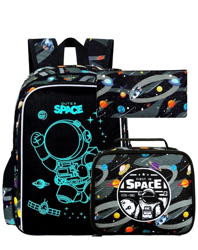 Photo 1 of 17 Inch Glow in The Dark Backpack, 3Pcs Space Bookbag for Boys With Lunch Box, School Laptop Backpacks Set For Teens(Blue)