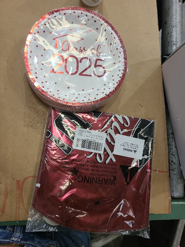 Photo 1 of 350pcs Class of 2025 Graduation Plates and Napkins Set, Disposable Paper Plate Set Polka Dots Napkins Cups Knife Fork Spoon for Graduation Party Decorations and Supplies,Serve 50 (White Red)