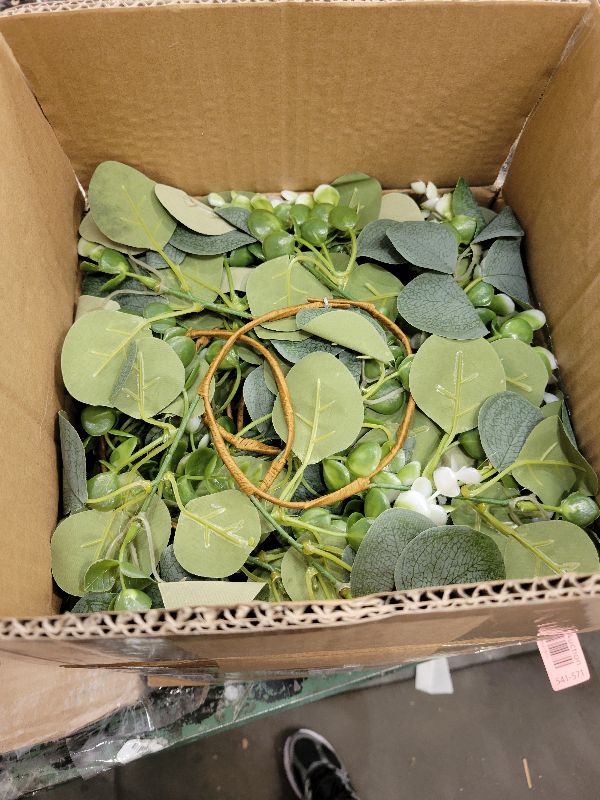 Photo 1 of 20 Pcs Artificial Eucalyptus Candle Rings, Boho Wedding Candle Holder Wreaths with Green Leaves, Decorative Pillar Candle Rings for Centerpieces and Home Decor