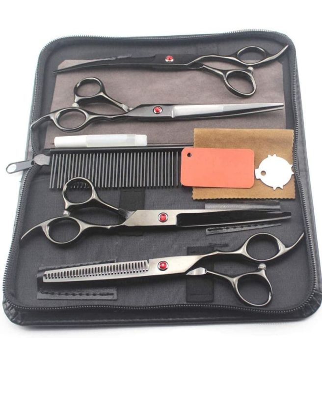 Photo 1 of 5 kit Japan 440c 7 Black pet Dog Grooming Hair Scissors pet Cutting Shears Haircut thinning Barber Hairdressing Scissors Set