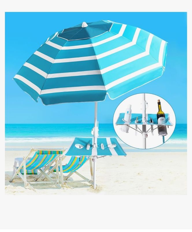 Photo 1 of  Umbrella - Beach Umbrella for Sand Wind Portable with Tilt Pole, 6.56 FT Arc Length 5.9 FT Diameter, Heavy Duty Wind Resistant Striped Large Umbrellas, UV 50+ Parasol with Anchor Screw Adjustable Height