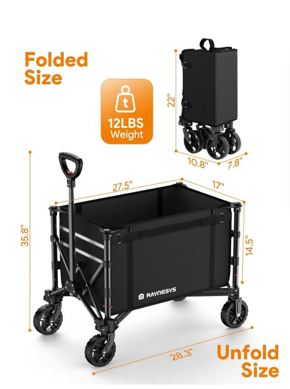 Photo 1 of 3 in 1 Collapsible Wagon Converts to Bench, 220lbs Foldable Wagon Cart with Wheels, 120L Shopping Cart for Groceries Folding Utility Wagon for Beach, Garden, Camping, Sport, Black