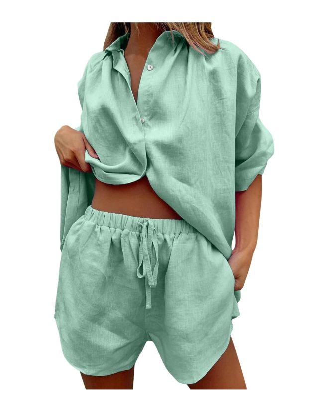 Photo 1 of 2 Piece Summer Outfits Button Down Shirt Top and Shorts Casual Lounge Sets Sweatsuit