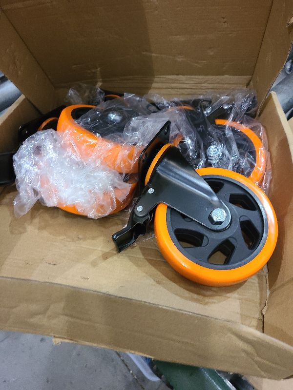 Photo 1 of 5 Inch Caster Wheels,Orange Casters Set of 4, Heavy Duty Casters with Brake 2200 Lbs, Locking Industrial Swivel Top Plate Casters Wheels for Furniture and Workbench Cart(Two Hardware Kits Include)